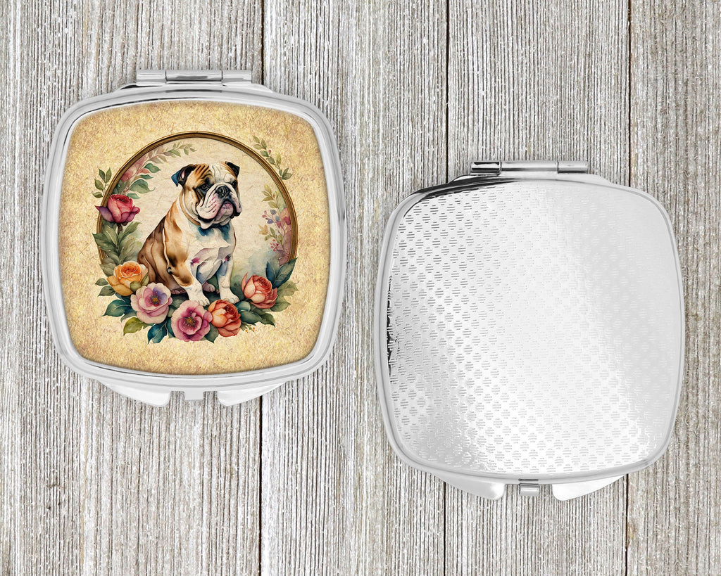 English Bulldog and Flowers Compact Mirror Decorative Travel Makeup Mirror for Women Girls Gifts Pocket Makeup Mirror Folding Handheld
