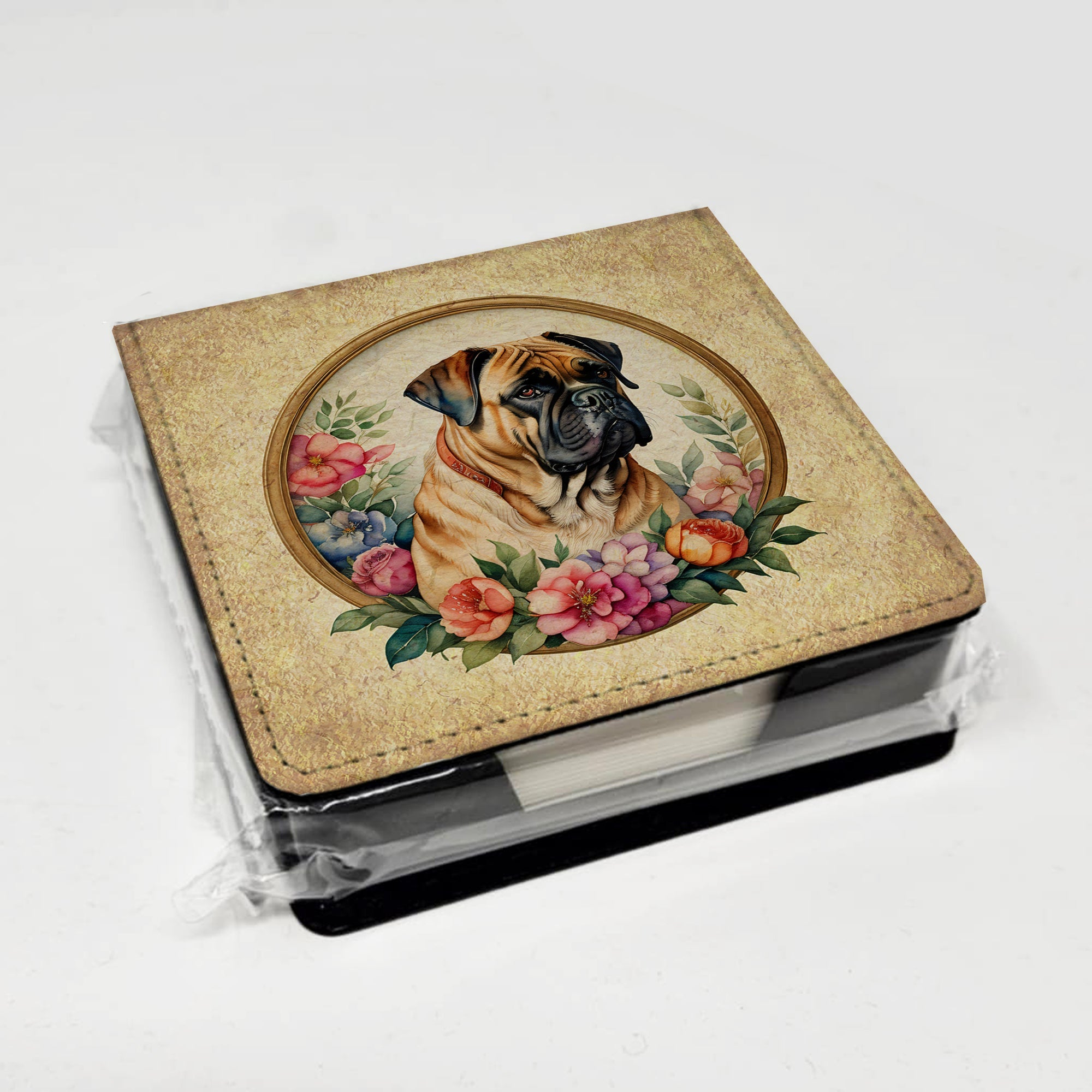 Bullmastiff and Flowers PU Leather Note Paper Holder with Artist-Designed Cover, Desk Accessory, Office Gift