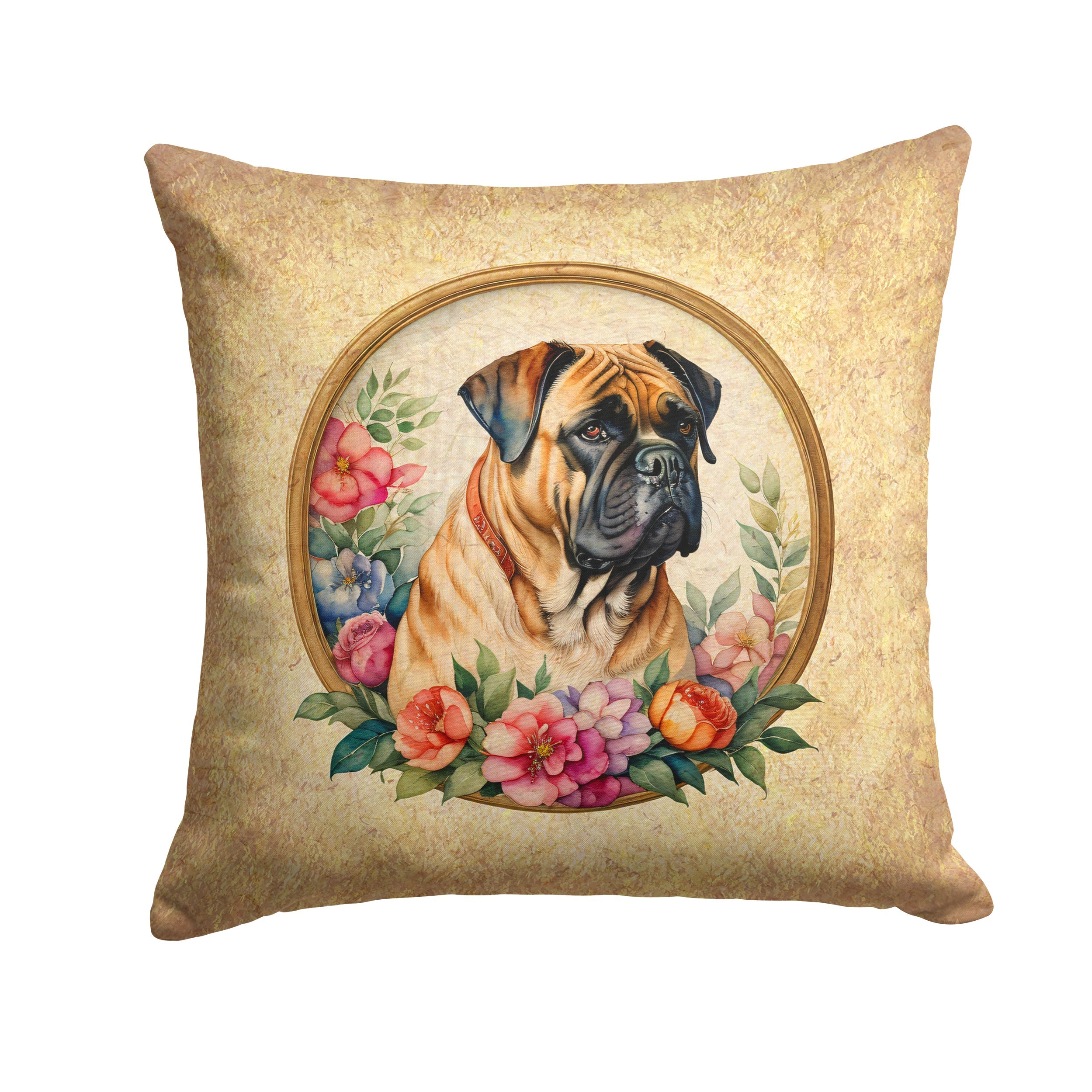 Bullmastiff and Flowers Decorative Throw Pillow 14x14 Indoor Outdoor Accent Cushion, Fabric Cover with Insert for Sofa, Bed, Porch & Living Room