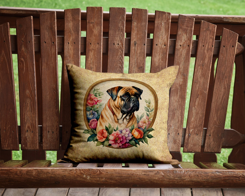 Bullmastiff and Flowers Decorative Throw Pillow 14x14 Indoor Outdoor Accent Cushion, Fabric Cover with Insert for Sofa, Bed, Porch & Living Room