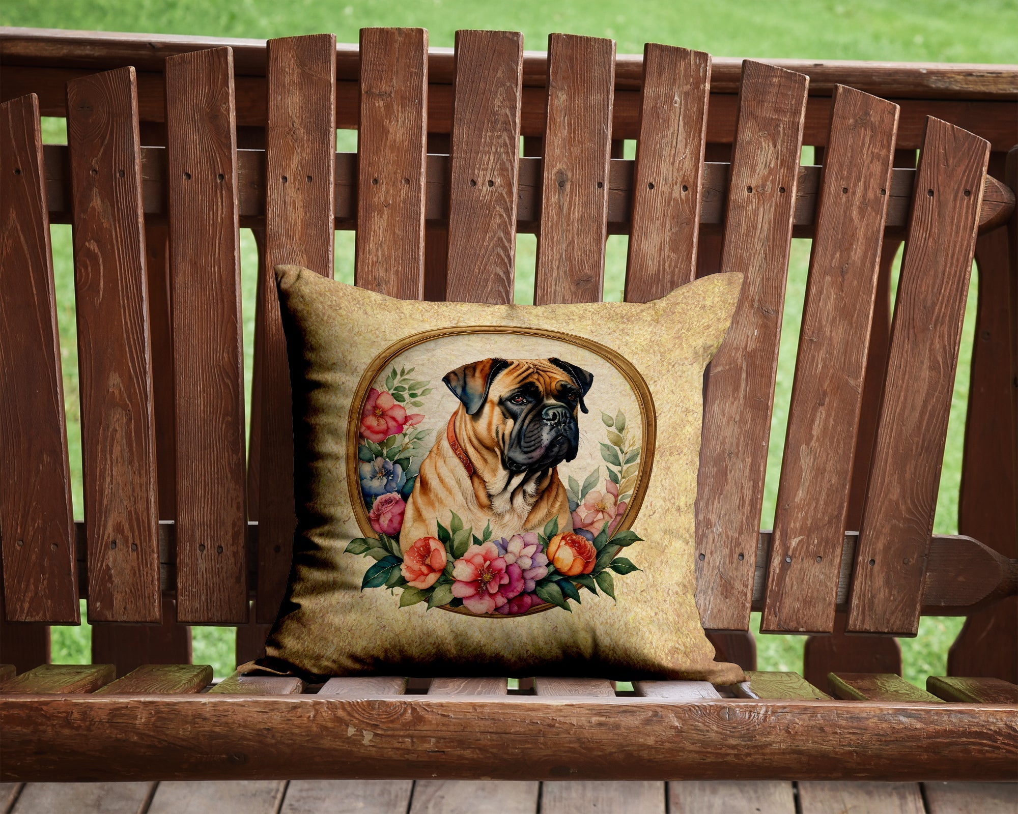 Bullmastiff and Flowers Decorative Throw Pillow 14x14 Indoor Outdoor Accent Cushion, Fabric Cover with Insert for Sofa, Bed, Porch & Living Room