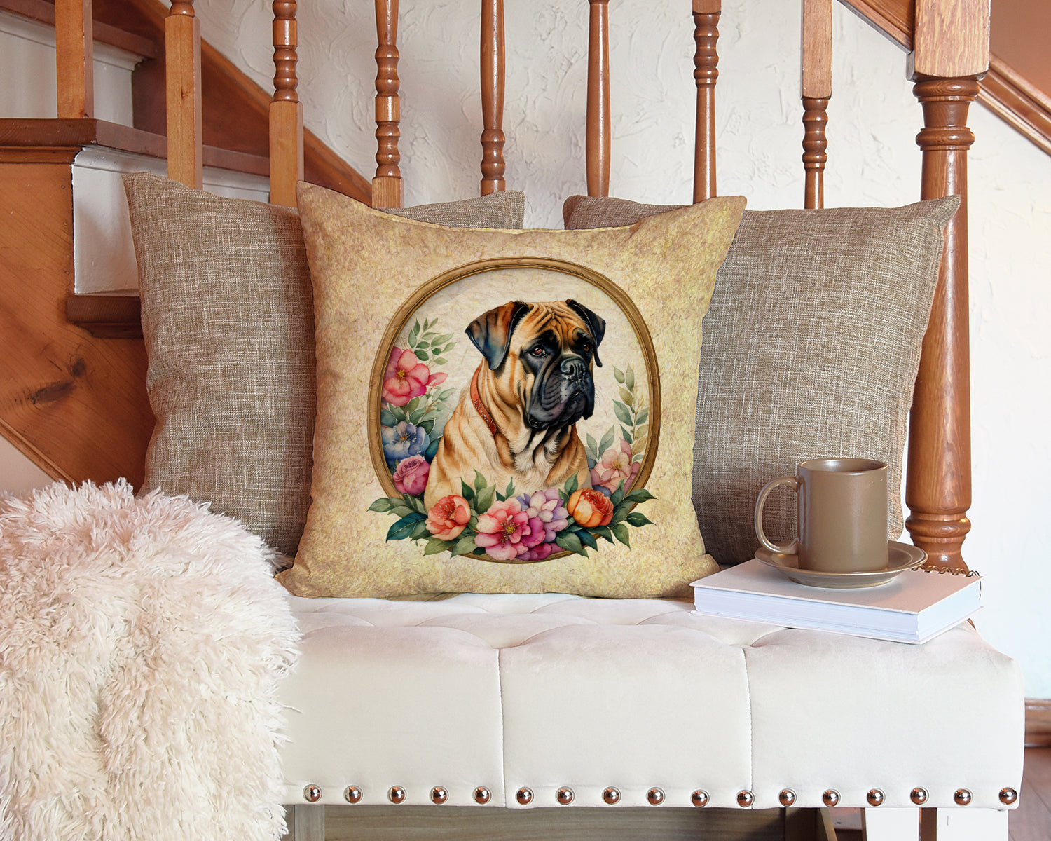 Bullmastiff and Flowers Decorative Throw Pillow 14x14 Indoor Outdoor Accent Cushion, Fabric Cover with Insert for Sofa, Bed, Porch & Living Room
