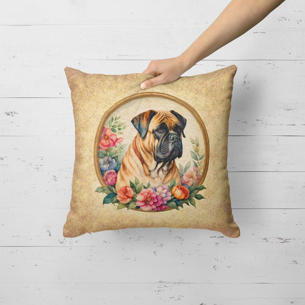 Bullmastiff and Flowers Decorative Throw Pillow 18x18 Indoor Outdoor Accent Cushion, Fabric Cover with Insert for Sofa, Bed, Porch & Living Room