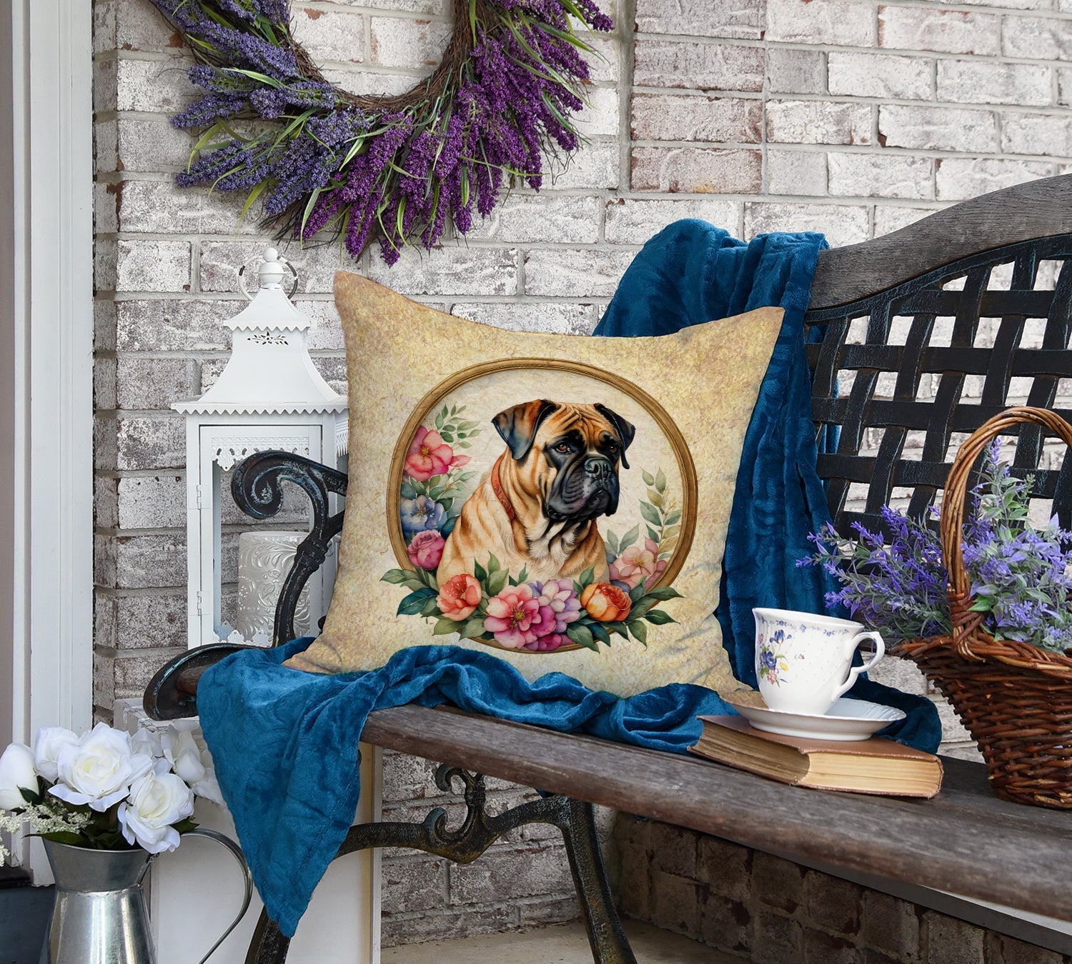 Bullmastiff and Flowers Decorative Throw Pillow 18x18 Indoor Outdoor Accent Cushion, Fabric Cover with Insert for Sofa, Bed, Porch & Living Room