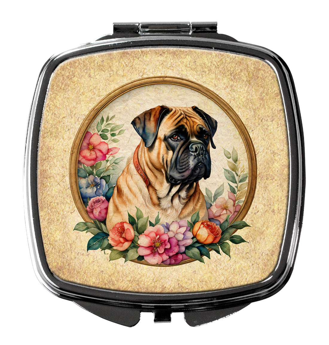 Bullmastiff and Flowers Compact Mirror Decorative Travel Makeup Mirror for Women Girls Gifts Pocket Makeup Mirror Folding Handheld