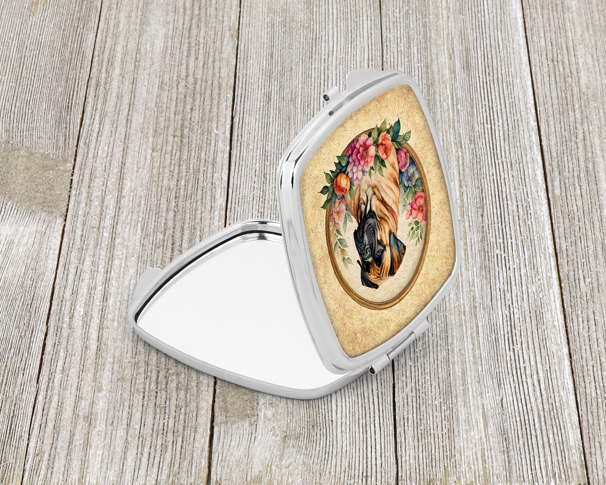 Bullmastiff and Flowers Compact Mirror Decorative Travel Makeup Mirror for Women Girls Gifts Pocket Makeup Mirror Folding Handheld