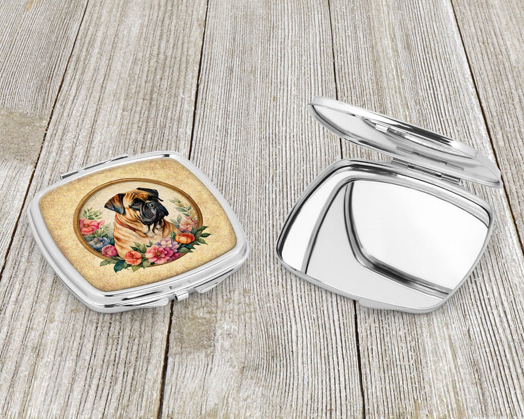 Bullmastiff and Flowers Compact Mirror Decorative Travel Makeup Mirror for Women Girls Gifts Pocket Makeup Mirror Folding Handheld