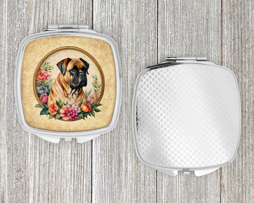 Bullmastiff and Flowers Compact Mirror Decorative Travel Makeup Mirror for Women Girls Gifts Pocket Makeup Mirror Folding Handheld