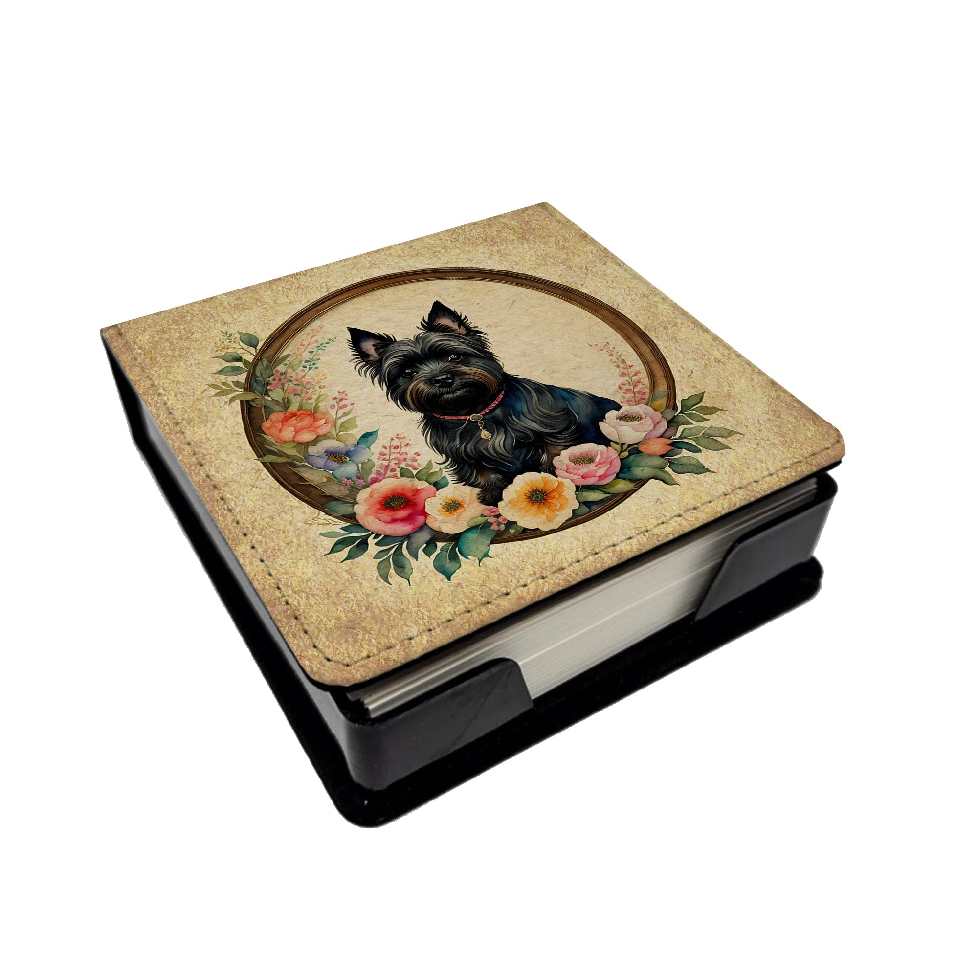 Cairn Terrier and Flowers PU Leather Note Paper Holder with Artist-Designed Cover, Desk Accessory, Office Gift