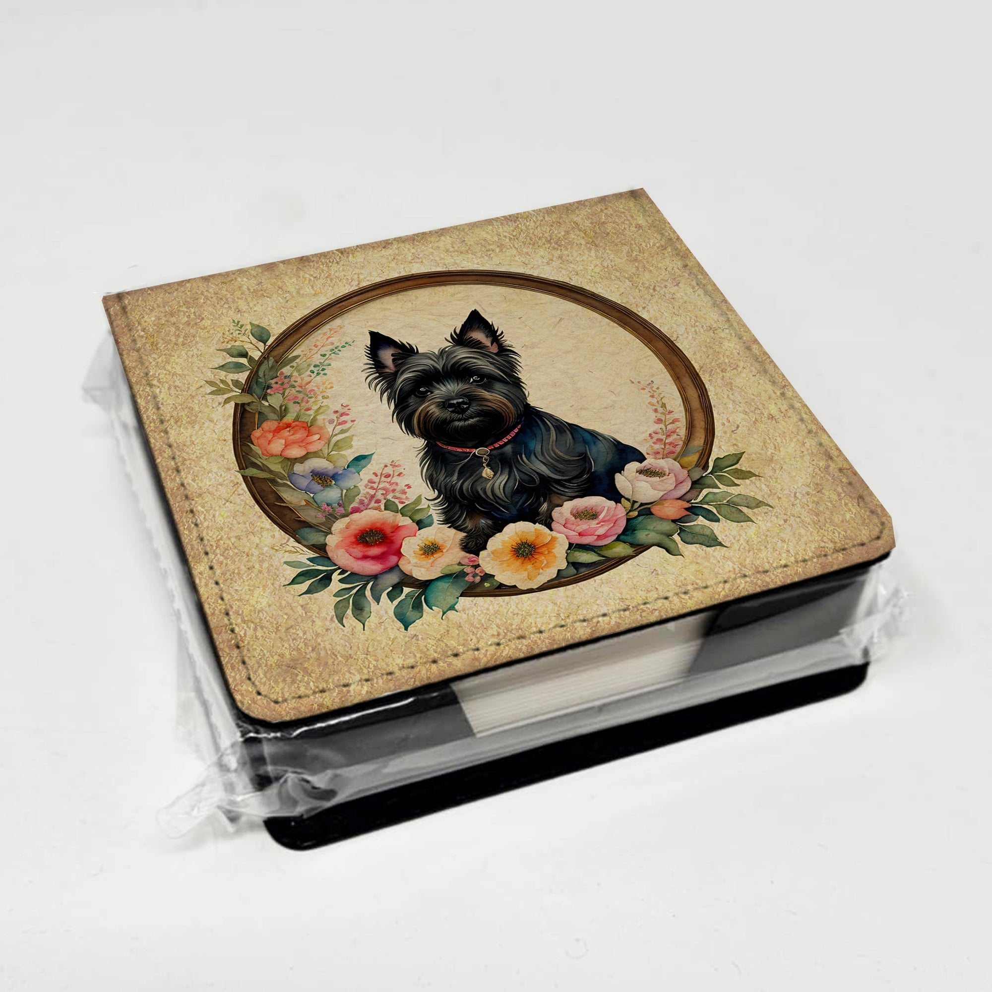 Cairn Terrier and Flowers PU Leather Note Paper Holder with Artist-Designed Cover, Desk Accessory, Office Gift