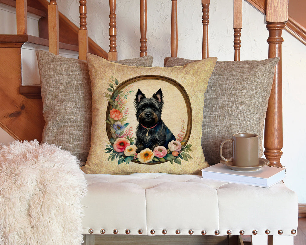 Cairn Terrier and Flowers Decorative Throw Pillow 14x14 Indoor Outdoor Accent Cushion, Fabric Cover with Insert for Sofa, Bed, Porch & Living Room