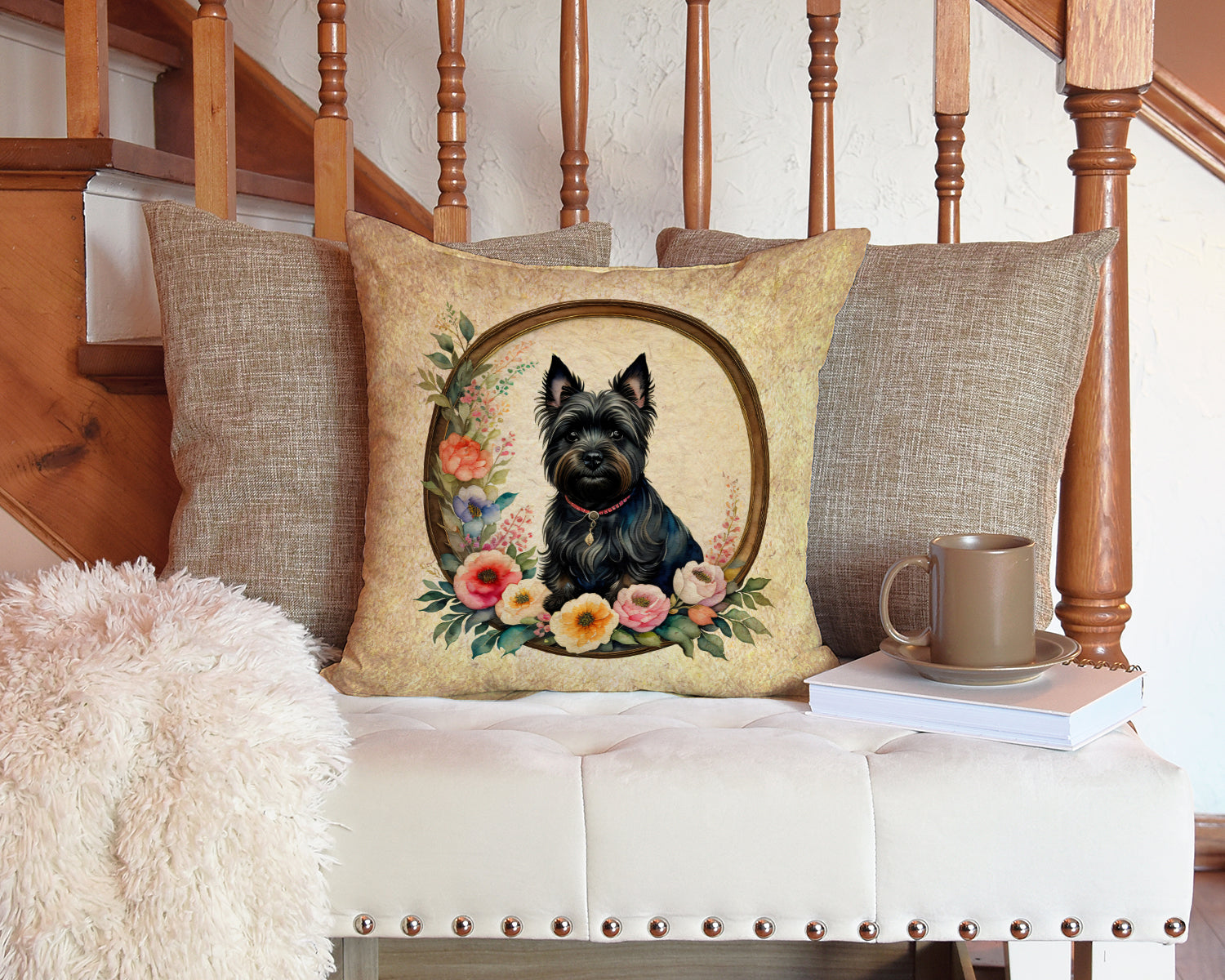 Cairn Terrier and Flowers Decorative Throw Pillow 14x14 Indoor Outdoor Accent Cushion, Fabric Cover with Insert for Sofa, Bed, Porch & Living Room