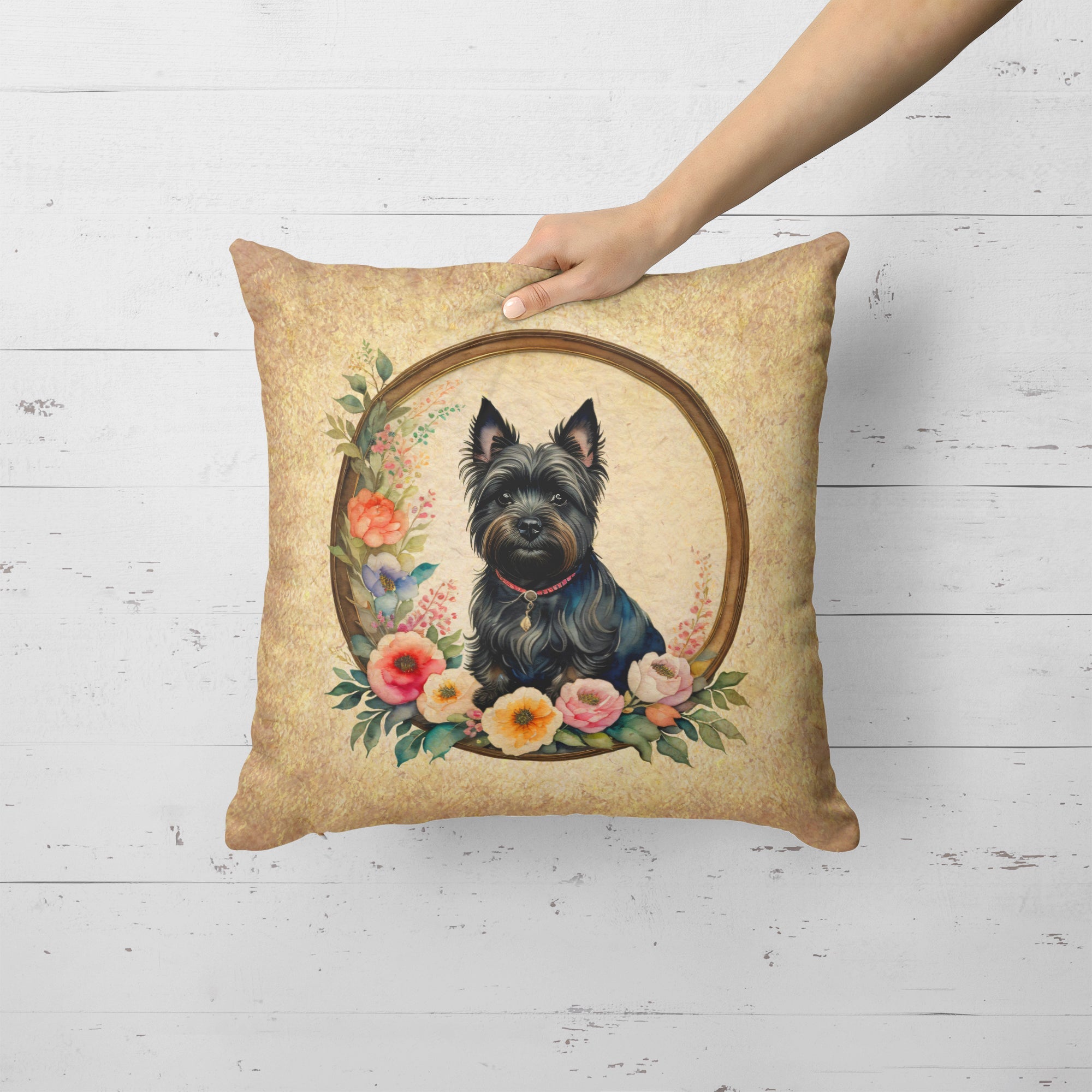 Cairn Terrier and Flowers Decorative Throw Pillow 18x18 Indoor Outdoor Accent Cushion, Fabric Cover with Insert for Sofa, Bed, Porch & Living Room