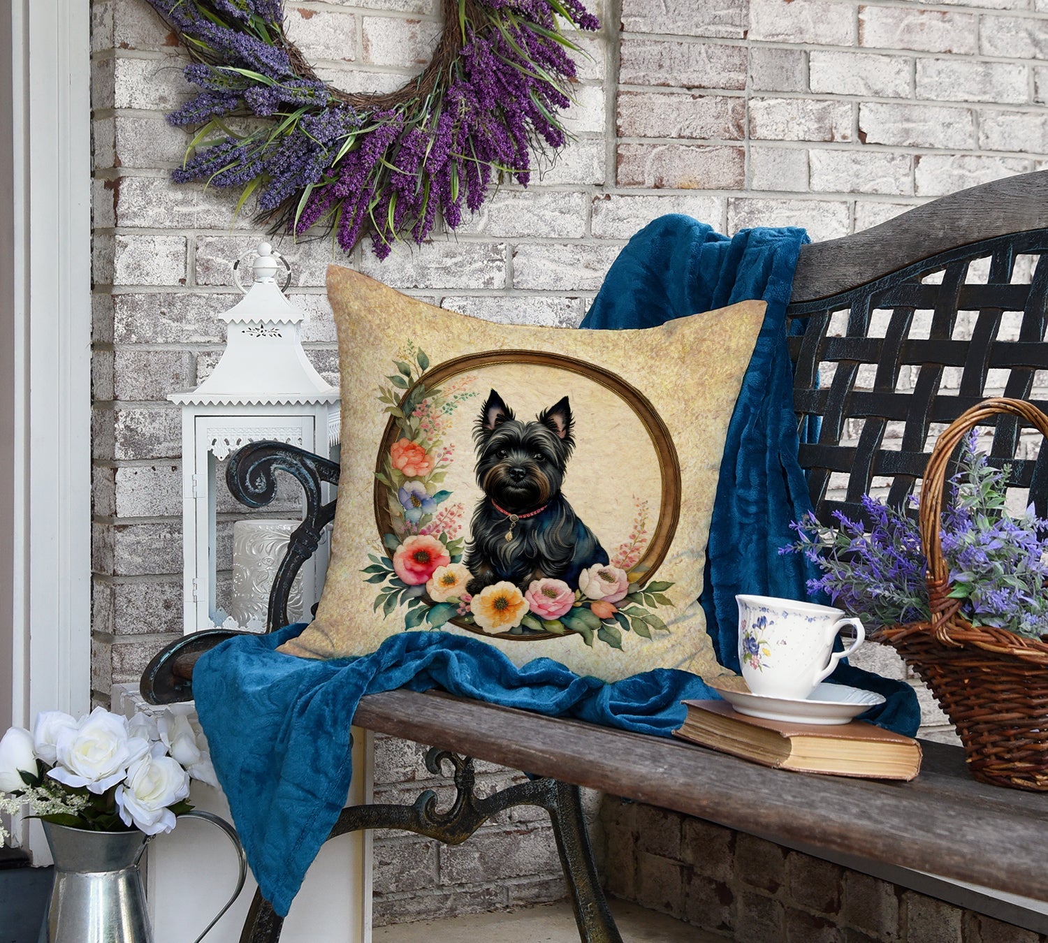 Cairn Terrier and Flowers Decorative Throw Pillow 18x18 Indoor Outdoor Accent Cushion, Fabric Cover with Insert for Sofa, Bed, Porch & Living Room