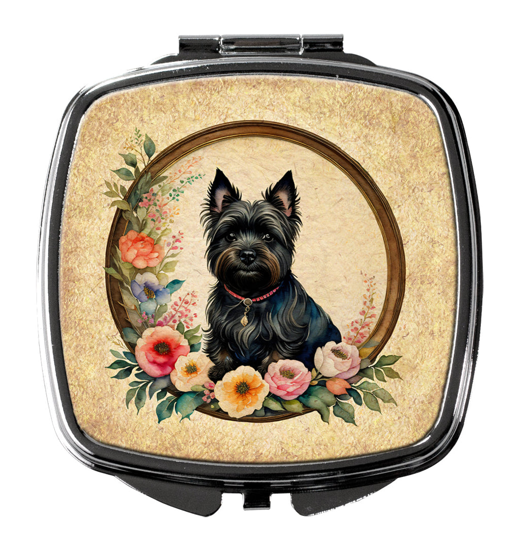Cairn Terrier and Flowers Compact Mirror Decorative Travel Makeup Mirror for Women Girls Gifts Pocket Makeup Mirror Folding Handheld