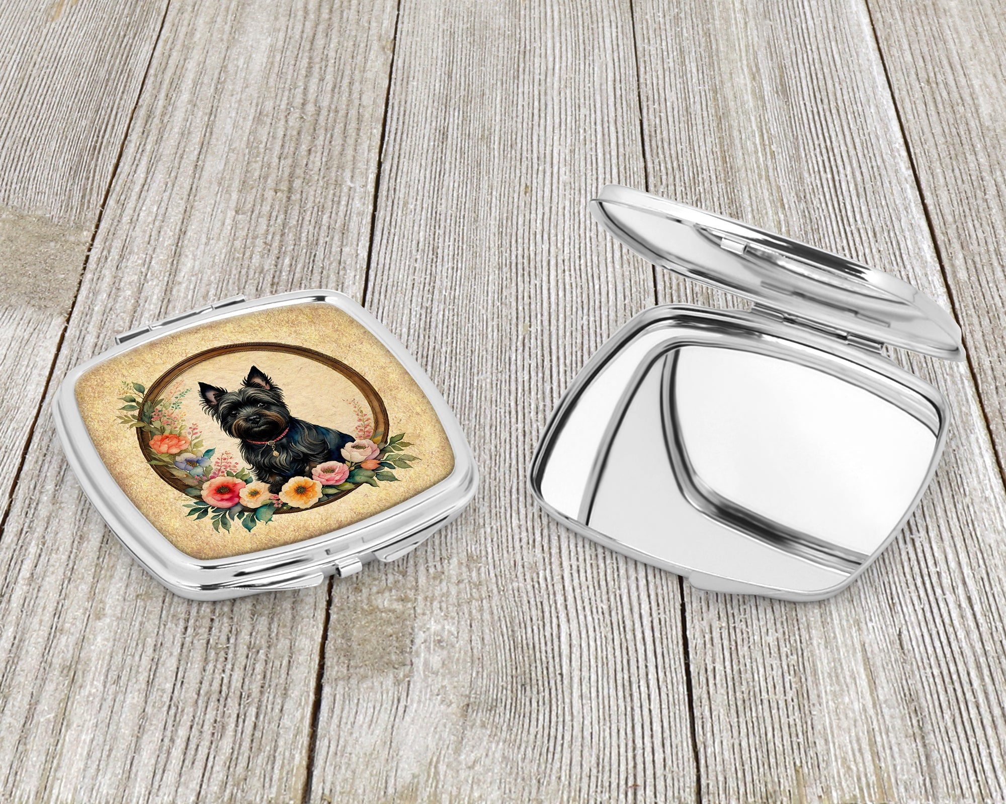 Cairn Terrier and Flowers Compact Mirror Decorative Travel Makeup Mirror for Women Girls Gifts Pocket Makeup Mirror Folding Handheld