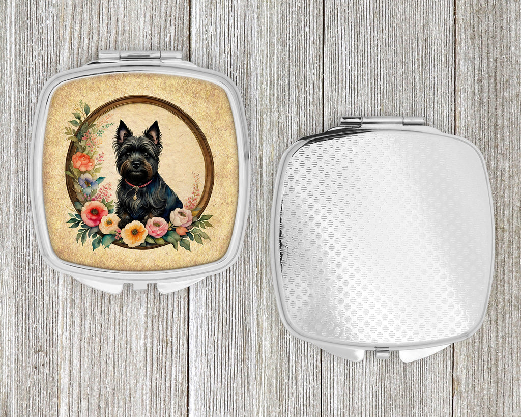 Cairn Terrier and Flowers Compact Mirror Decorative Travel Makeup Mirror for Women Girls Gifts Pocket Makeup Mirror Folding Handheld