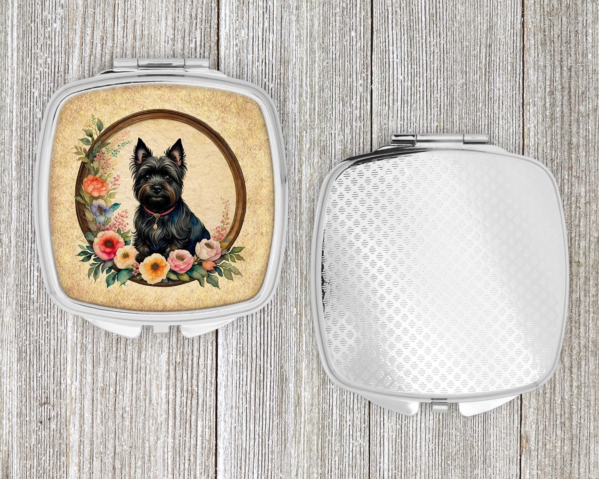 Cairn Terrier and Flowers Compact Mirror Decorative Travel Makeup Mirror for Women Girls Gifts Pocket Makeup Mirror Folding Handheld