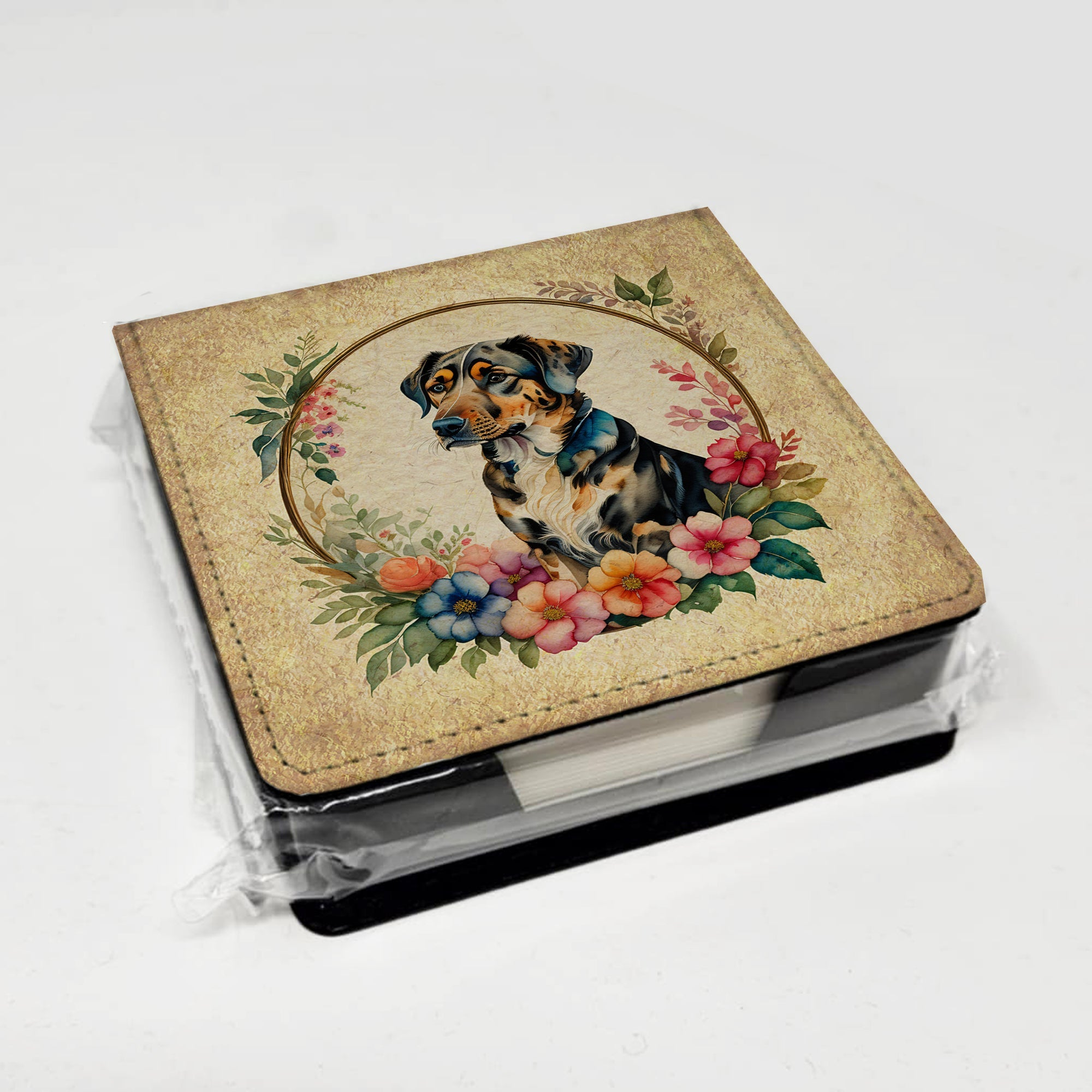 Catahoula Leopard Dog and Flowers PU Leather Note Paper Holder with Artist-Designed Cover, Desk Accessory, Office Gift