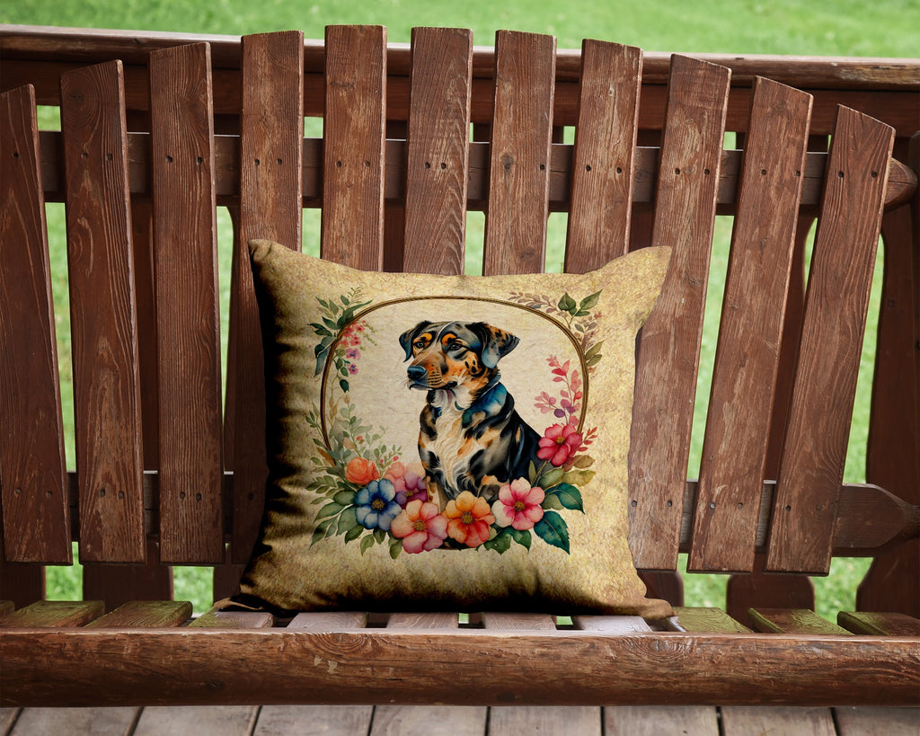 Catahoula Leopard Dog and Flowers Decorative Throw Pillow 14x14 Indoor Outdoor Accent Cushion, Fabric Cover with Insert for Sofa, Bed, Porch & Living Room