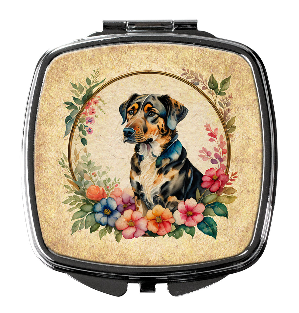 Catahoula Leopard Dog and Flowers Compact Mirror Decorative Travel Makeup Mirror for Women Girls Gifts Pocket Makeup Mirror Folding Handheld