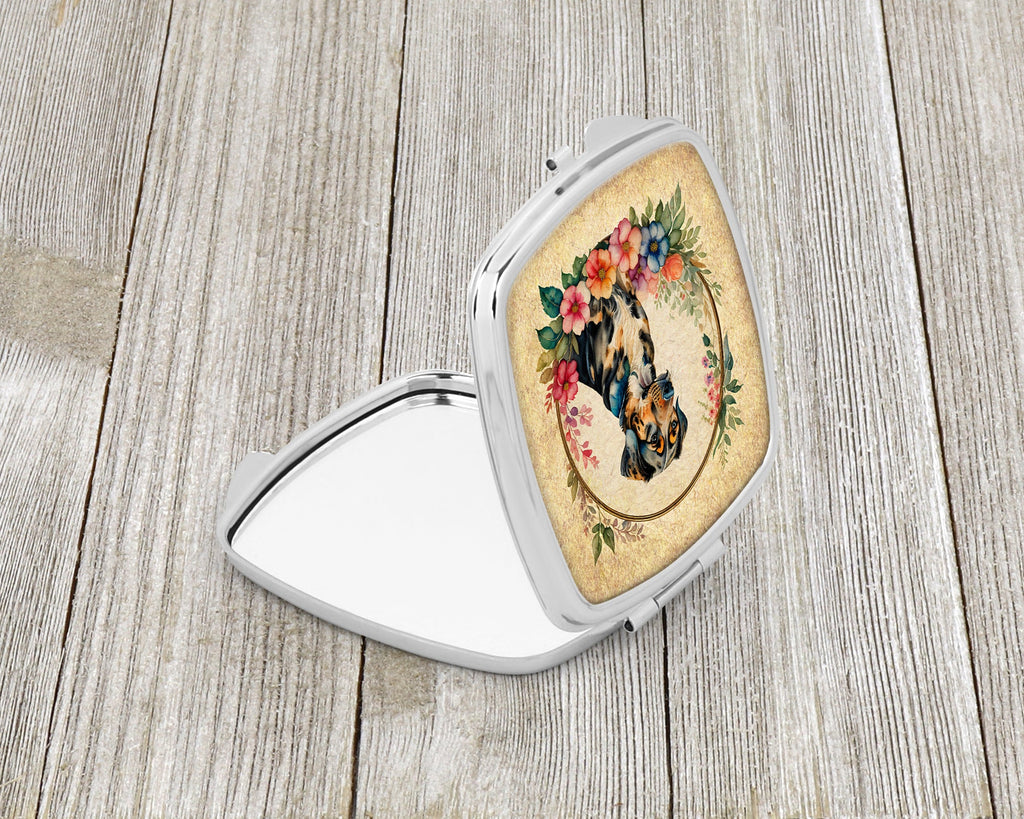 Catahoula Leopard Dog and Flowers Compact Mirror Decorative Travel Makeup Mirror for Women Girls Gifts Pocket Makeup Mirror Folding Handheld