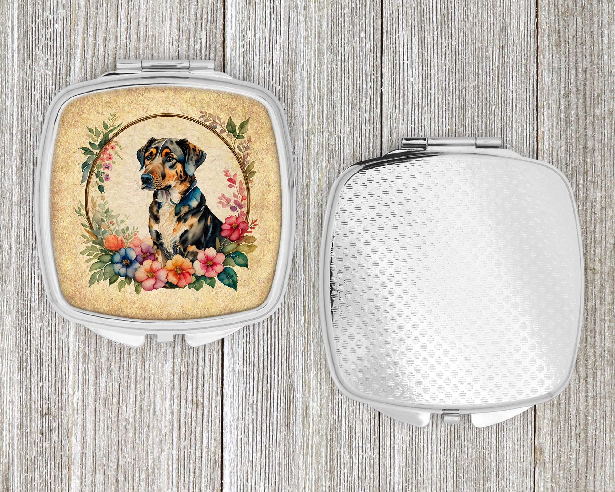 Catahoula Leopard Dog and Flowers Compact Mirror Decorative Travel Makeup Mirror for Women Girls Gifts Pocket Makeup Mirror Folding Handheld