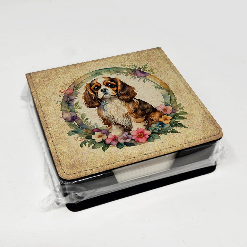 Cavalier Spaniel and Flowers PU Leather Note Paper Holder with Artist-Designed Cover, Desk Accessory, Office Gift