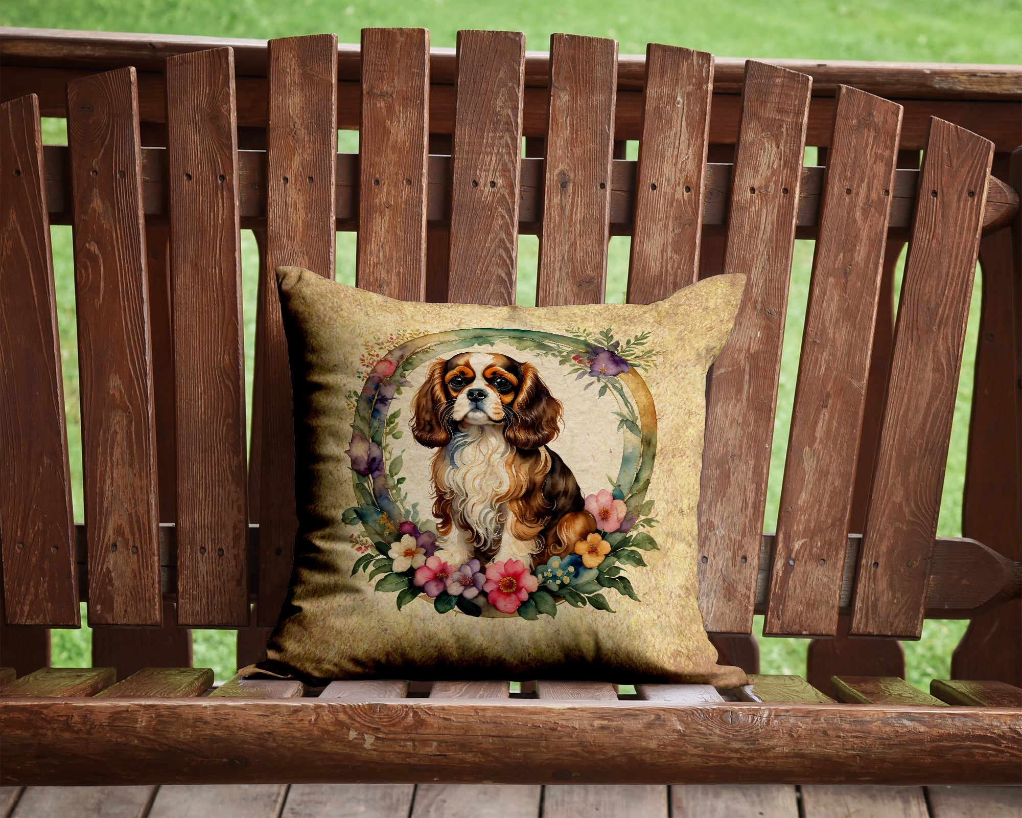 Cavalier Spaniel and Flowers Decorative Throw Pillow 14x14 Indoor Outdoor Accent Cushion, Fabric Cover with Insert for Sofa, Bed, Porch & Living Room