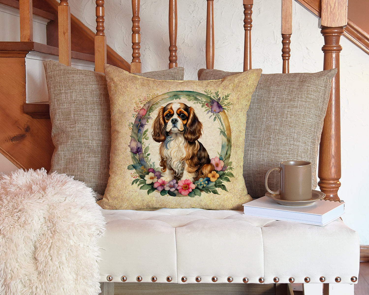 Cavalier Spaniel and Flowers Decorative Throw Pillow 14x14 Indoor Outdoor Accent Cushion, Fabric Cover with Insert for Sofa, Bed, Porch & Living Room