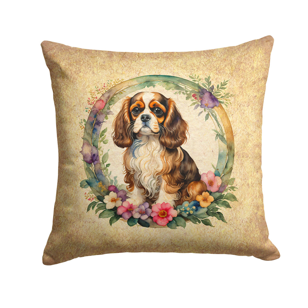Cavalier Spaniel and Flowers Decorative Throw Pillow 18x18 Indoor Outdoor Accent Cushion, Fabric Cover with Insert for Sofa, Bed, Porch & Living Room