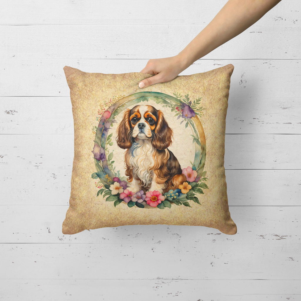 Cavalier Spaniel and Flowers Decorative Throw Pillow 18x18 Indoor Outdoor Accent Cushion, Fabric Cover with Insert for Sofa, Bed, Porch & Living Room