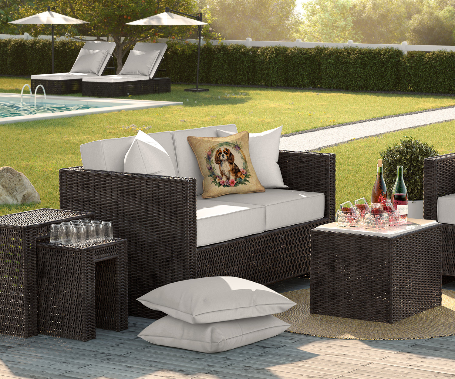 Cavalier Spaniel and Flowers Decorative Throw Pillow 18x18 Indoor Outdoor Accent Cushion, Fabric Cover with Insert for Sofa, Bed, Porch & Living Room