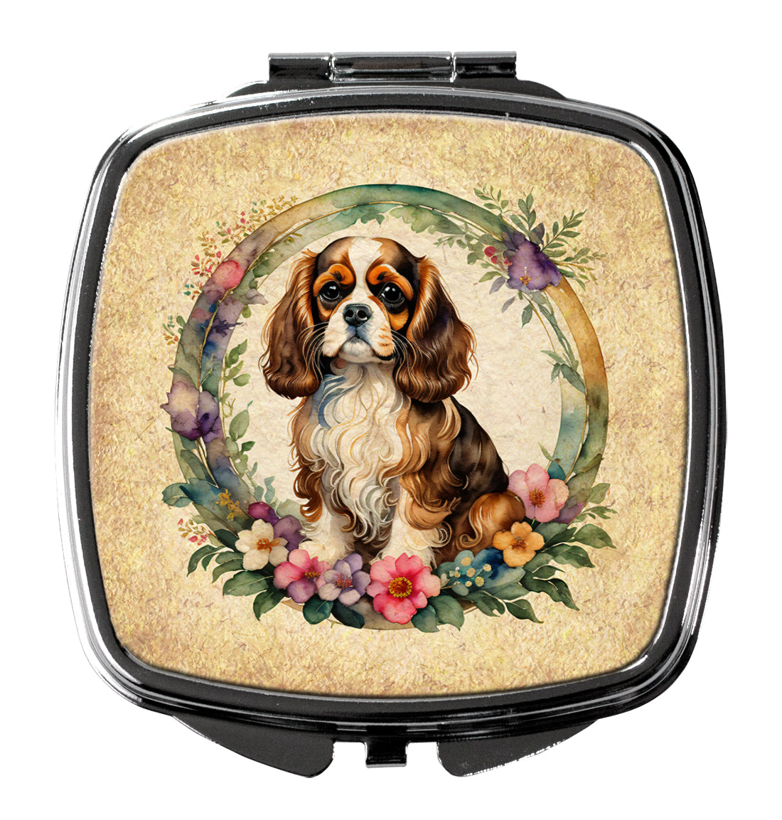 Cavalier Spaniel and Flowers Compact Mirror Decorative Travel Makeup Mirror for Women Girls Gifts Pocket Makeup Mirror Folding Handheld