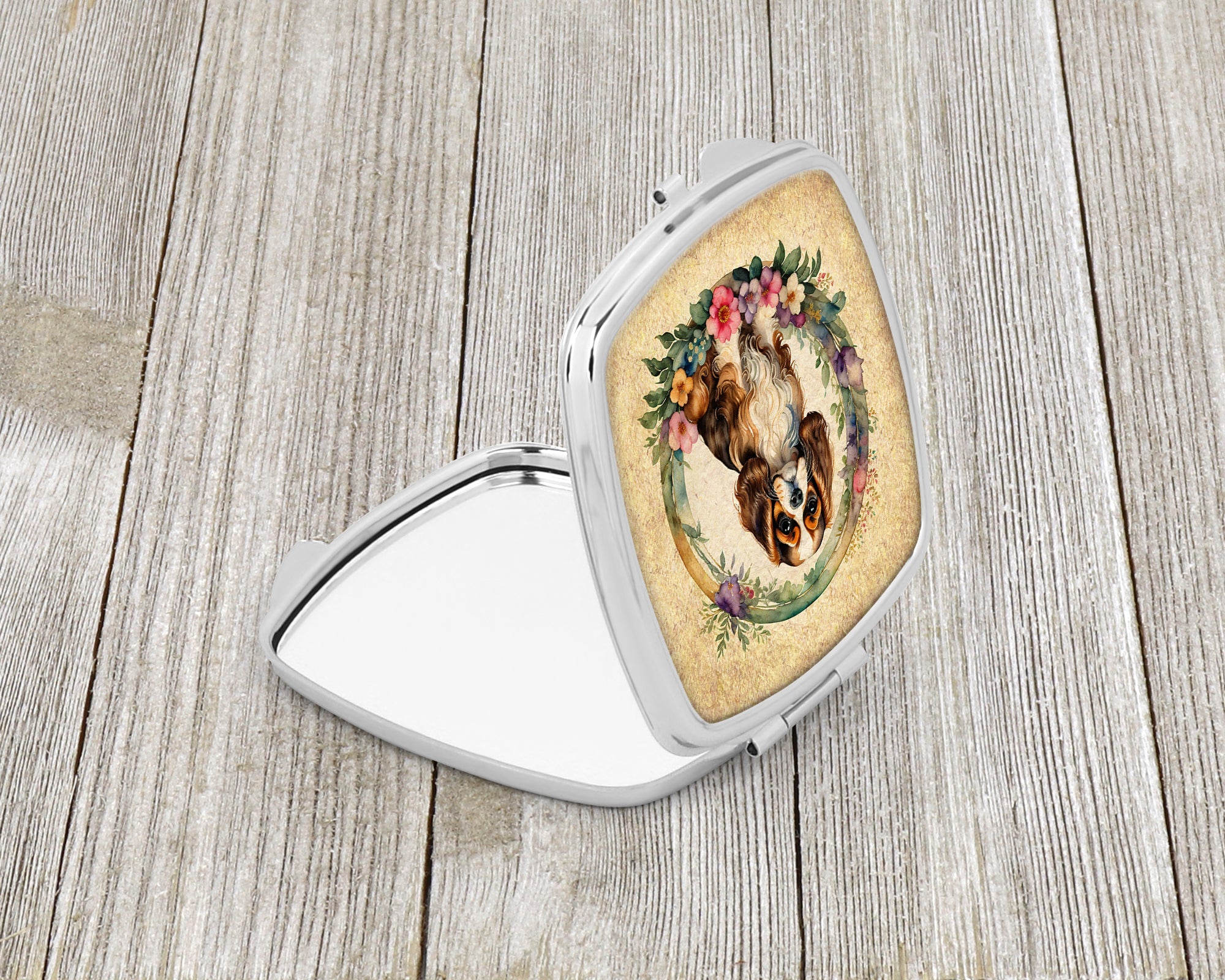 Cavalier Spaniel and Flowers Compact Mirror Decorative Travel Makeup Mirror for Women Girls Gifts Pocket Makeup Mirror Folding Handheld