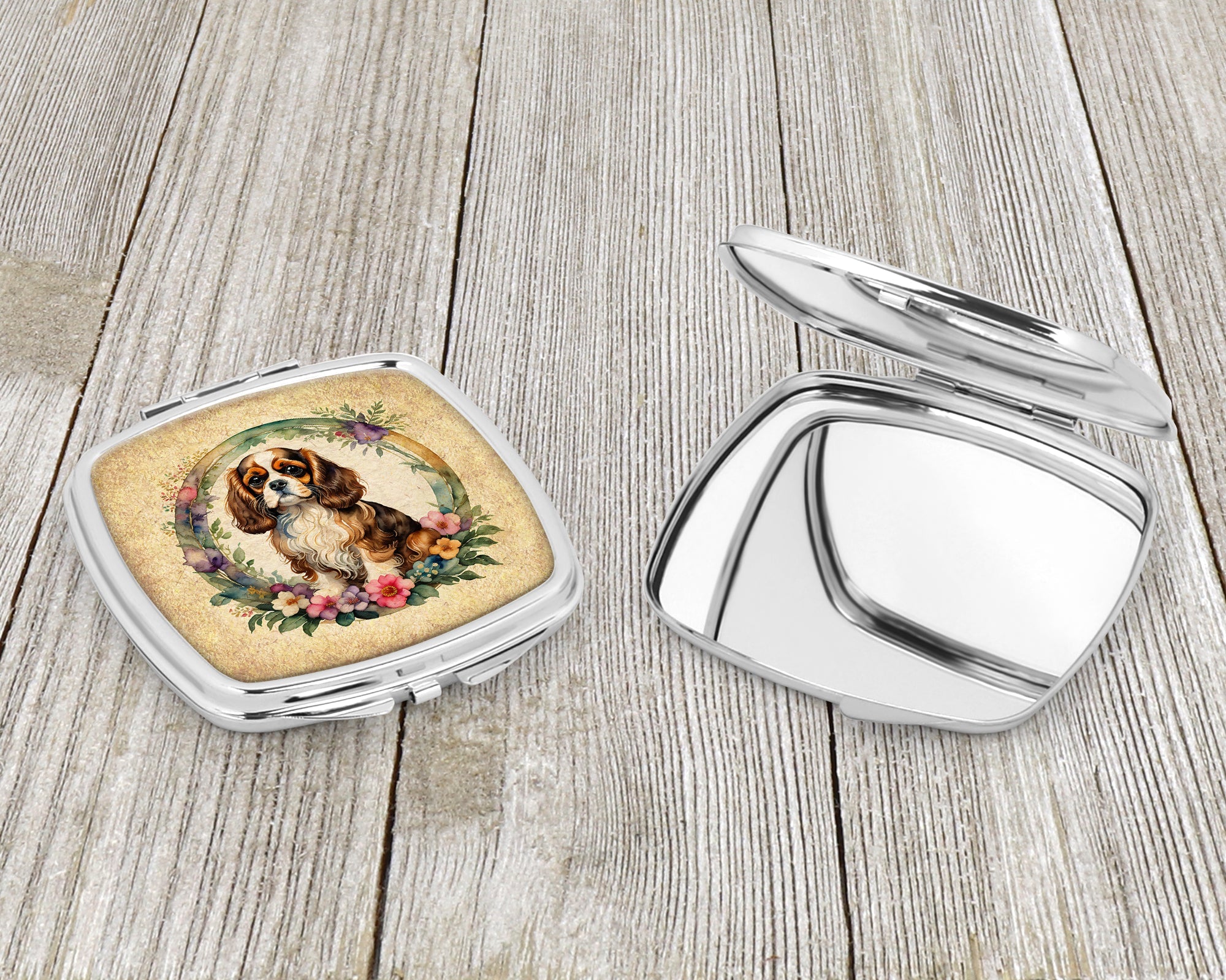 Cavalier Spaniel and Flowers Compact Mirror Decorative Travel Makeup Mirror for Women Girls Gifts Pocket Makeup Mirror Folding Handheld