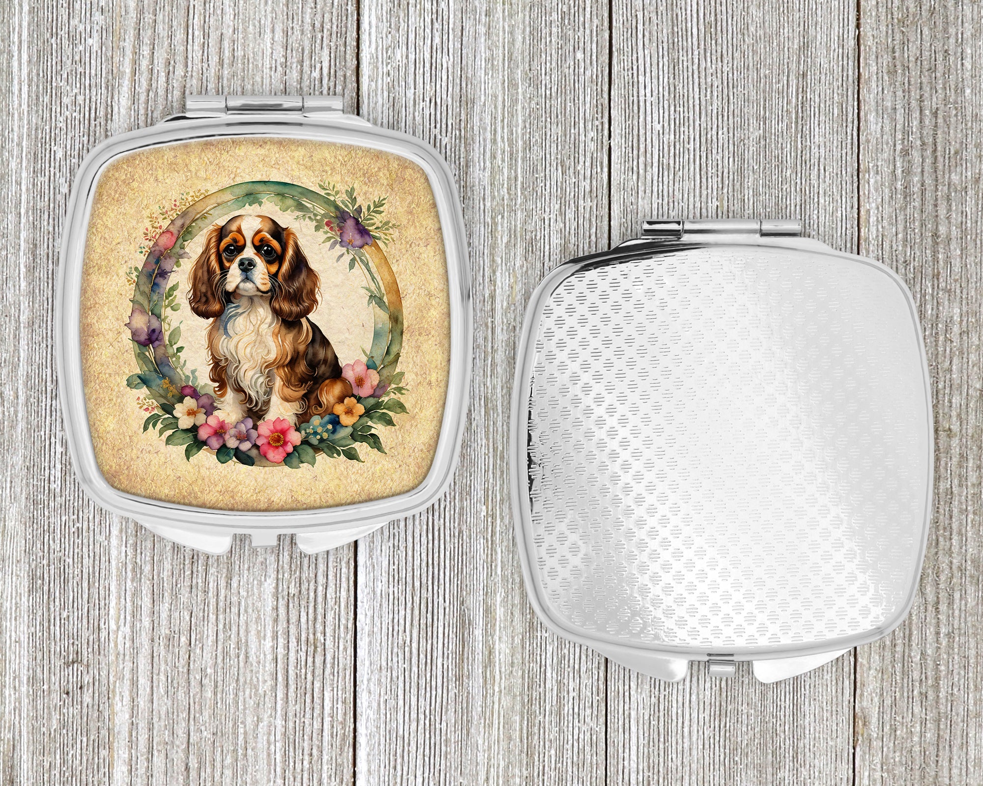 Cavalier Spaniel and Flowers Compact Mirror Decorative Travel Makeup Mirror for Women Girls Gifts Pocket Makeup Mirror Folding Handheld