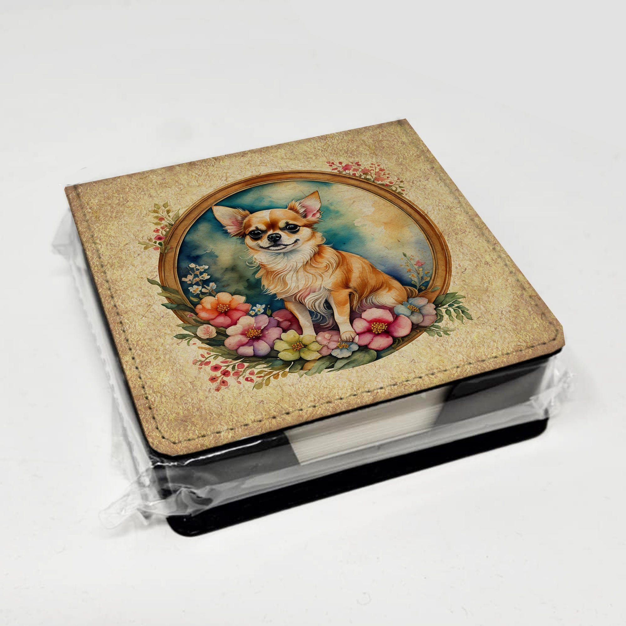Chihuahua and Flowers PU Leather Note Paper Holder with Artist-Designed Cover, Desk Accessory, Office Gift