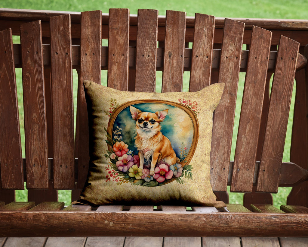 Chihuahua and Flowers Decorative Throw Pillow 14x14 Indoor Outdoor Accent Cushion, Fabric Cover with Insert for Sofa, Bed, Porch & Living Room