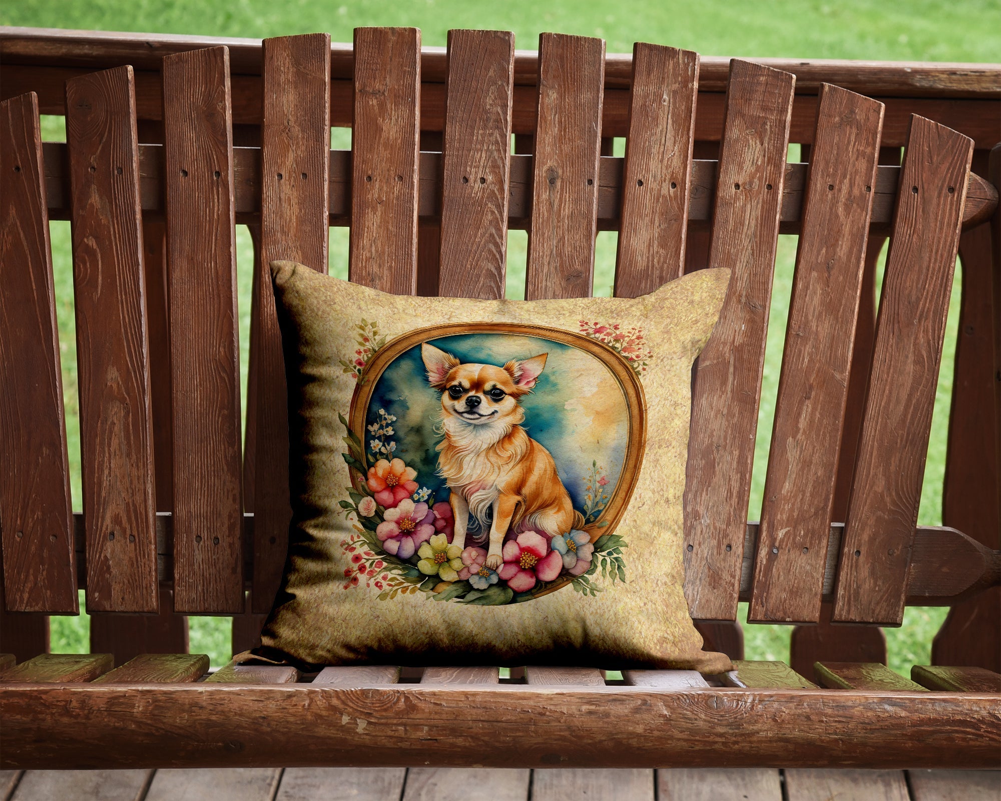 Chihuahua and Flowers Decorative Throw Pillow 14x14 Indoor Outdoor Accent Cushion, Fabric Cover with Insert for Sofa, Bed, Porch & Living Room