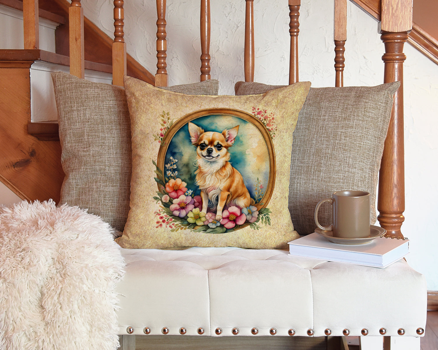 Chihuahua and Flowers Decorative Throw Pillow 14x14 Indoor Outdoor Accent Cushion, Fabric Cover with Insert for Sofa, Bed, Porch & Living Room
