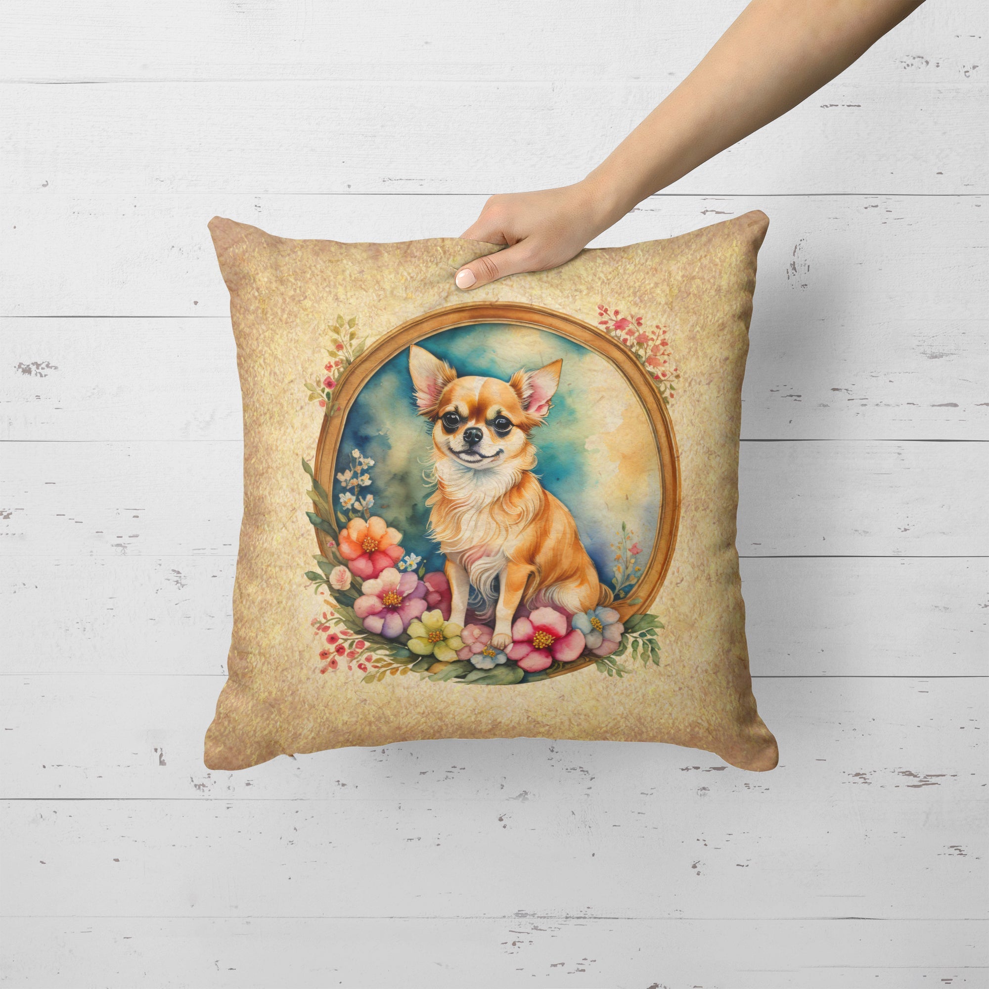 Chihuahua and Flowers Decorative Throw Pillow 18x18 Indoor Outdoor Accent Cushion, Fabric Cover with Insert for Sofa, Bed, Porch & Living Room