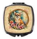 Chihuahua and Flowers Compact Mirror Decorative Travel Makeup Mirror for Women Girls Gifts Pocket Makeup Mirror Folding Handheld
