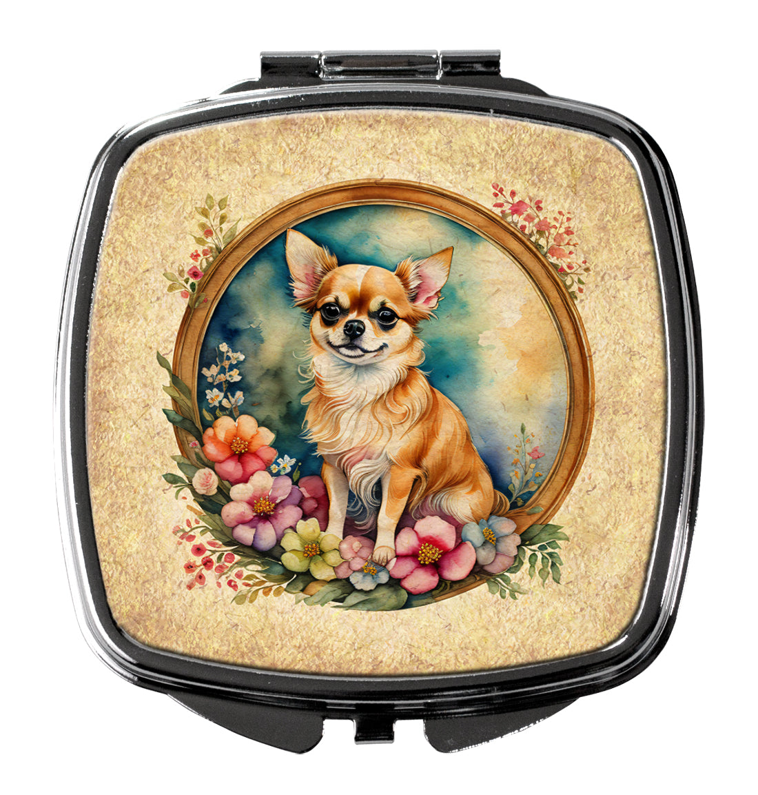 Chihuahua and Flowers Compact Mirror Decorative Travel Makeup Mirror for Women Girls Gifts Pocket Makeup Mirror Folding Handheld
