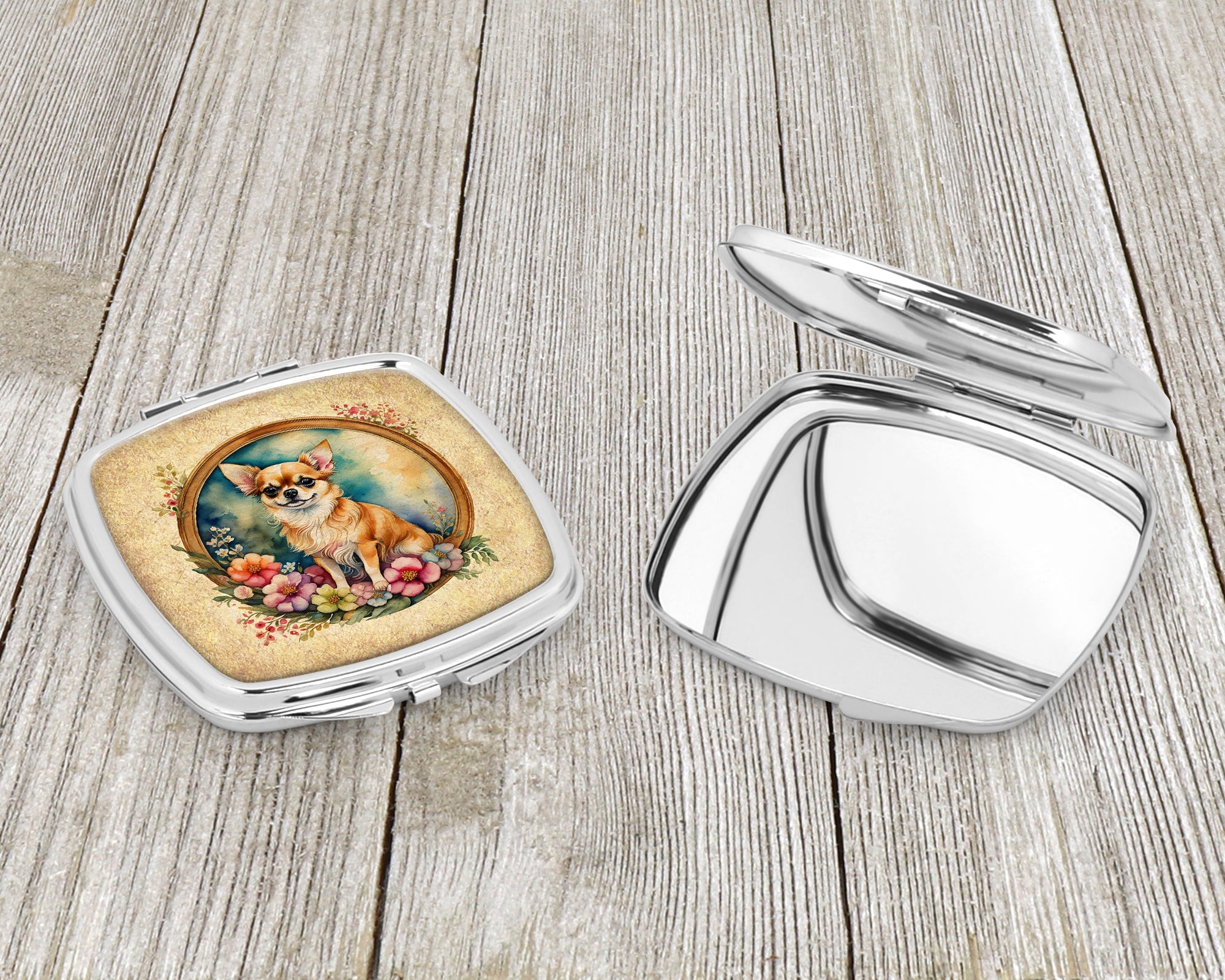 Chihuahua and Flowers Compact Mirror Decorative Travel Makeup Mirror for Women Girls Gifts Pocket Makeup Mirror Folding Handheld