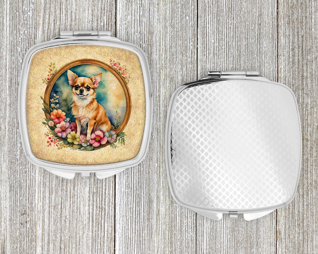 Chihuahua and Flowers Compact Mirror Decorative Travel Makeup Mirror for Women Girls Gifts Pocket Makeup Mirror Folding Handheld