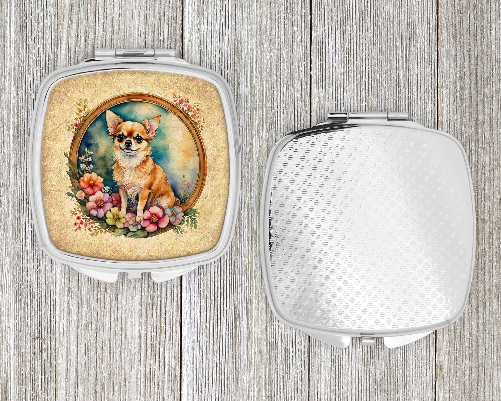 Chihuahua and Flowers Compact Mirror Decorative Travel Makeup Mirror for Women Girls Gifts Pocket Makeup Mirror Folding Handheld