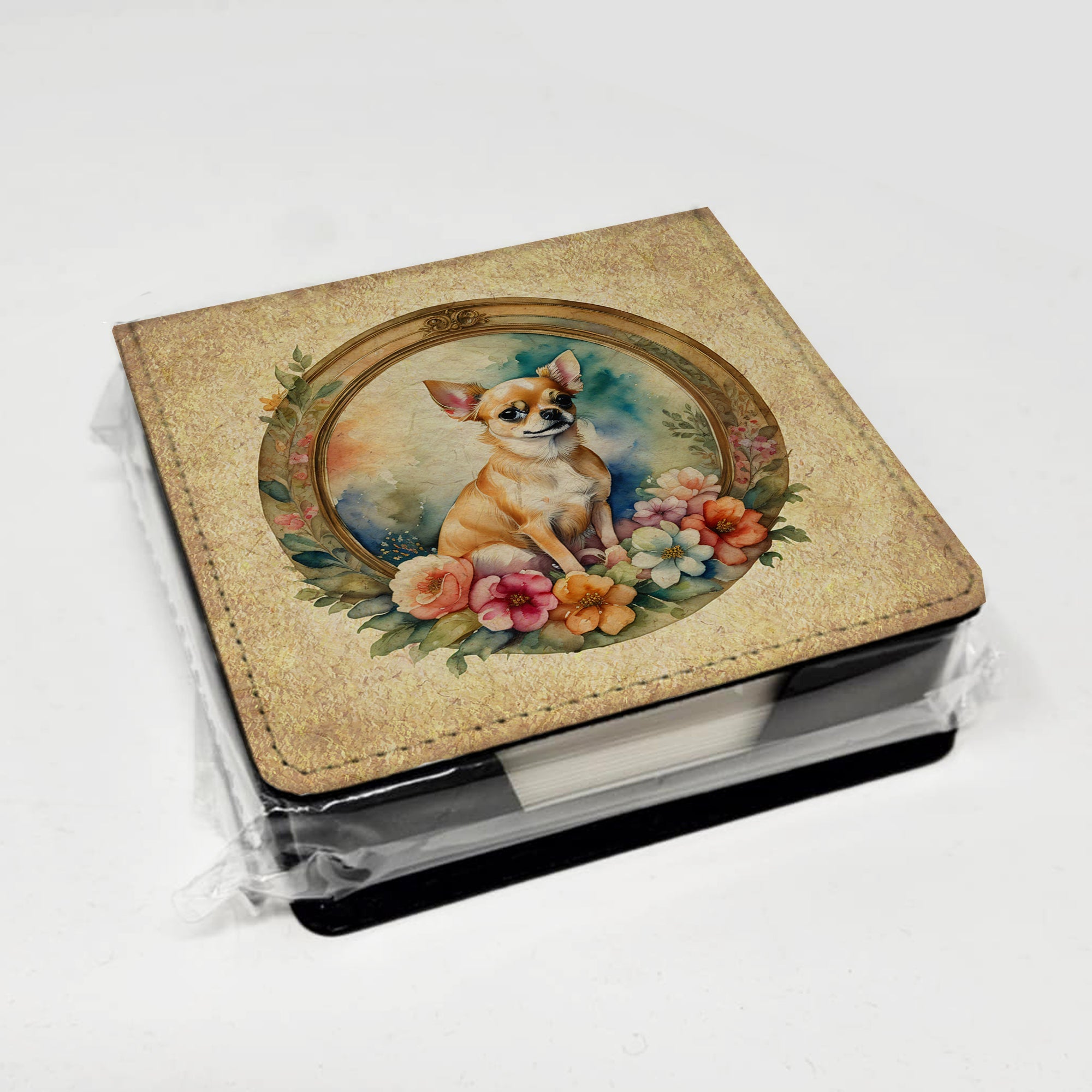 Chihuahua and Flowers PU Leather Note Paper Holder with Artist-Designed Cover, Desk Accessory, Office Gift