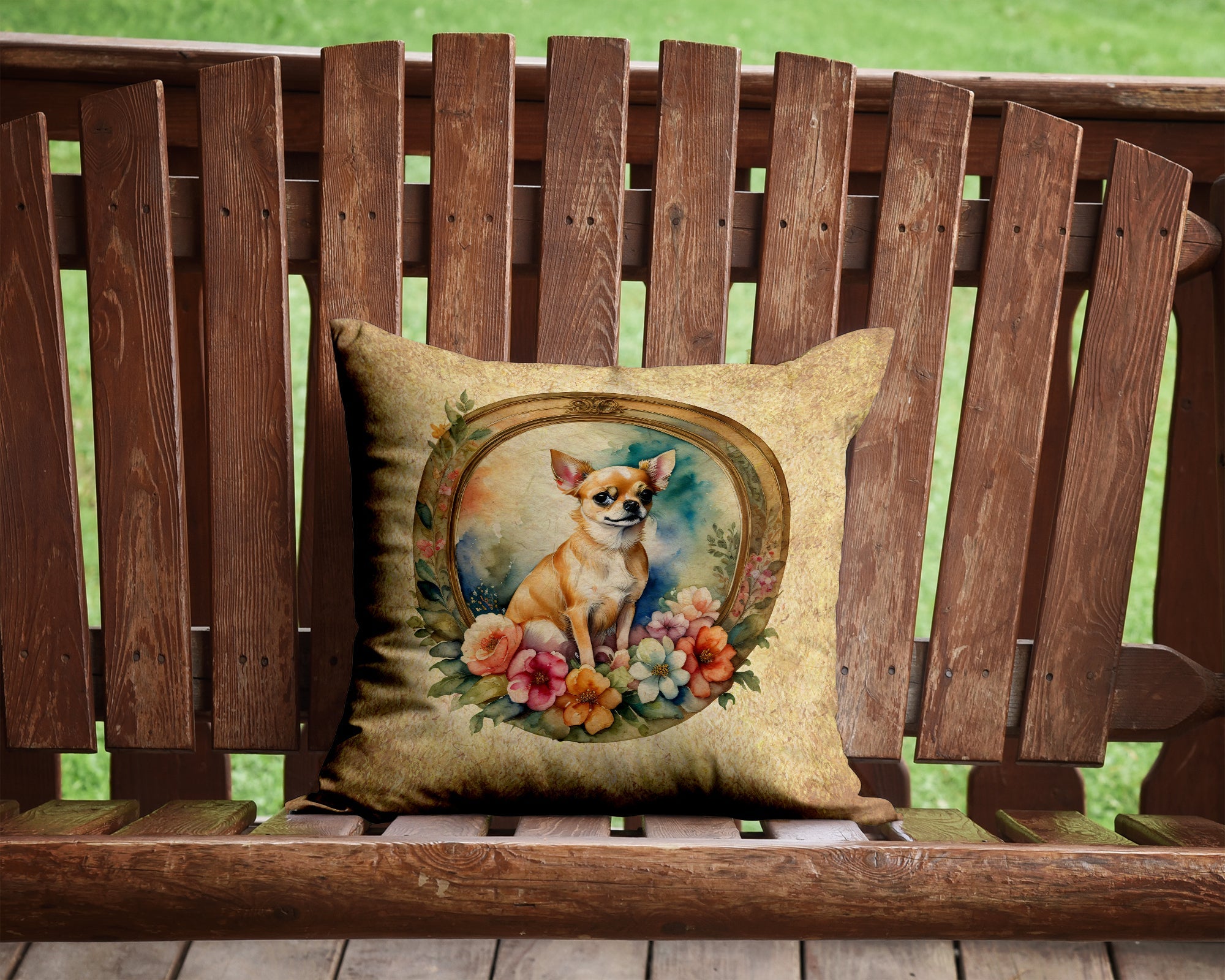 Chihuahua and Flowers Decorative Throw Pillow 14x14 Indoor Outdoor Accent Cushion, Fabric Cover with Insert for Sofa, Bed, Porch & Living Room