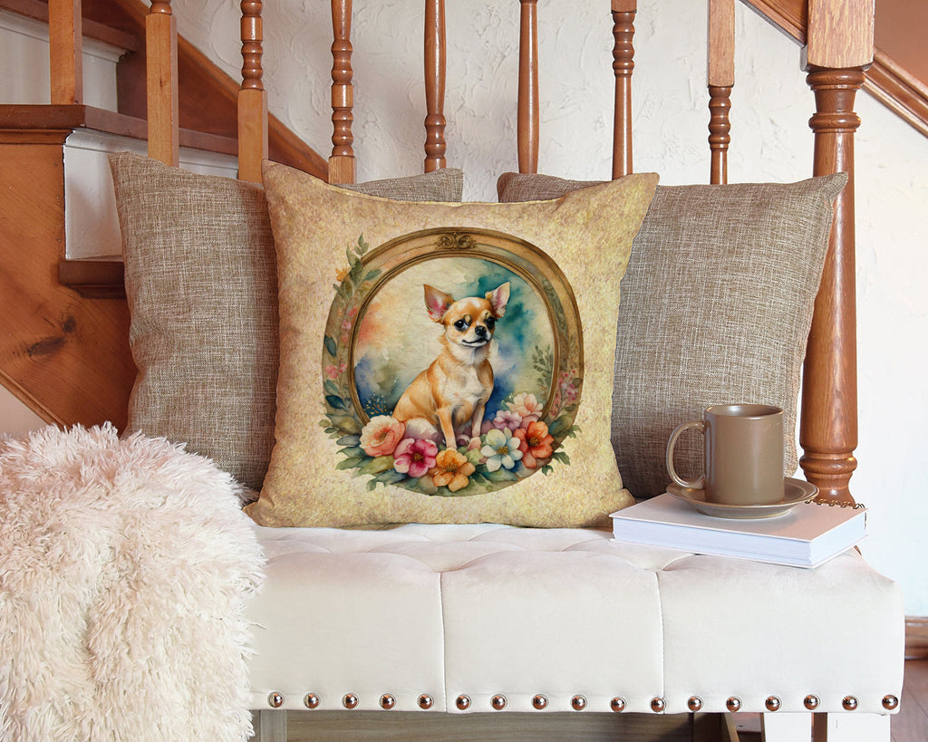 Chihuahua and Flowers Decorative Throw Pillow 14x14 Indoor Outdoor Accent Cushion, Fabric Cover with Insert for Sofa, Bed, Porch & Living Room